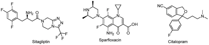 Chemical structures of representative drugs containing beta-amino acid or nitrile motifs such as Sitagliptin and Sparfloxacin