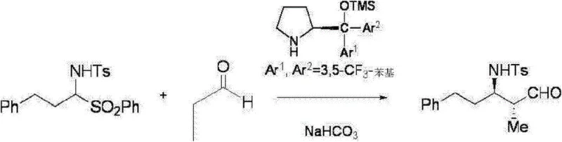 Reaction scheme showing the Mannich reaction of sulfone compound with aldehyde using pyrrolidine catalyst