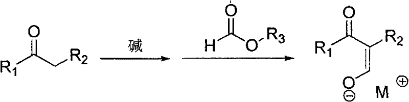 General reaction scheme showing the base-catalyzed condensation of ketone/ester with formate to form an intermediate salt