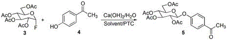 Glycosylation reaction mechanism showing tetra-acetyl-alpha-fluoroglucose reacting with p-hydroxyacetophenone