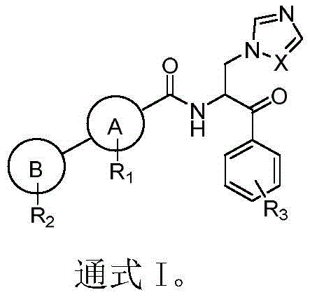 General Formula I of Beta-Azole-Phenyl Ketone Derivatives showing variable substituents R1, R2, R3 and ring systems A and B