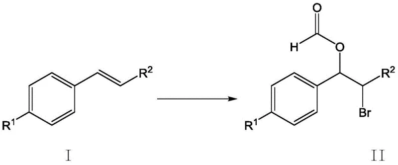 General reaction scheme showing the conversion of styrene derivatives (Formula I) to beta-bromoformate compounds (Formula II) using ZnAl-BrO3-LDHs catalyst