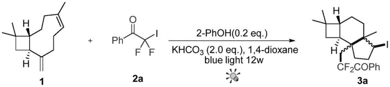 Reaction scheme showing the photocatalytic synthesis of difluoroalkyl substituted tricyclic compound 3a from beta-caryophyllene and iododifluoroacetophenone