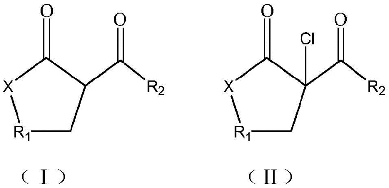 General reaction scheme showing the conversion of alpha,gamma-dicarbonyl compounds (Formula I) to beta-chloro derivatives (Formula II) using Cl2 and AlCl3
