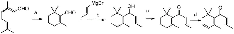 Conventional synthesis route of beta-damascenone showing toxic reagents and complex steps