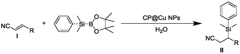 General reaction scheme for the synthesis of beta-dimethylphenyl silicon substituted organic nitriles using CP@Cu NPs catalyst in water