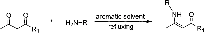 General reaction scheme showing the condensation of 1,3-dicarbonyl compounds with amines to form beta-enaminones
