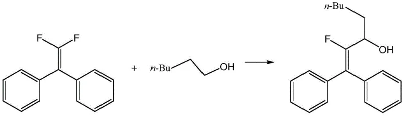 Core photocatalytic reaction scheme converting gem-difluoroolefin and alcohol to beta-fluoroalkenyl alcohol using 4-CzIPN and blue light
