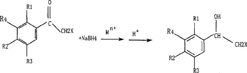 General reaction scheme showing the reduction of alpha-halo-acetophenones to beta-halo-alpha-phenylethanols using NaBH4 and metal ions