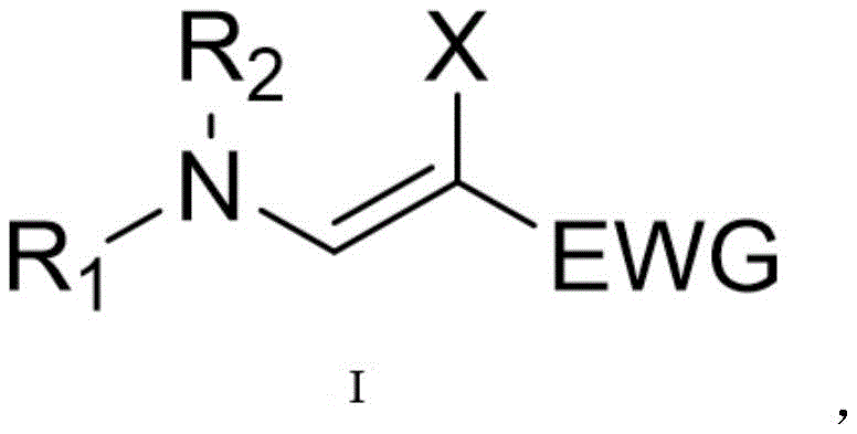 General structure of beta-haloenamic acid ester compounds showing variable R groups and halogen substituents