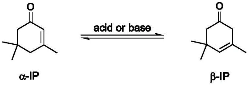 Chemical isomerization reaction converting alpha-isophorone to beta-isophorone under acid or base catalysis