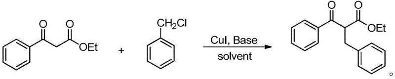 General reaction scheme for copper-catalyzed synthesis of beta-keto esters from ethyl benzoylacetate and benzyl chloride