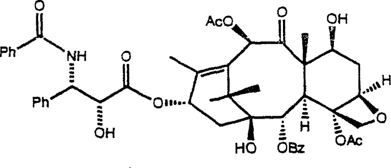 Chemical structure of Paclitaxel showing the complex taxane core requiring precise sidechain attachment