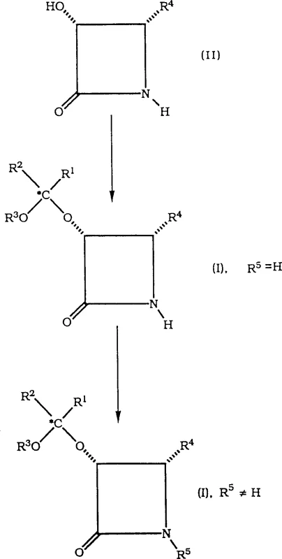 Reaction scheme showing the conversion of hydroxy-beta-lactams to protected Formula I compounds