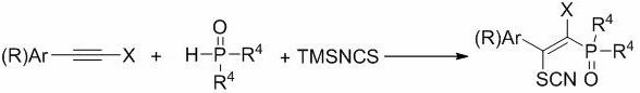General reaction scheme showing copper-catalyzed synthesis of beta-thiocyanato alkenyl phosphono derivatives from alkynes