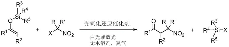 General reaction scheme for the synthesis of beta-nitroketones using enol silyl ethers and geminal halogenated nitro hydrocarbons under photoredox catalysis