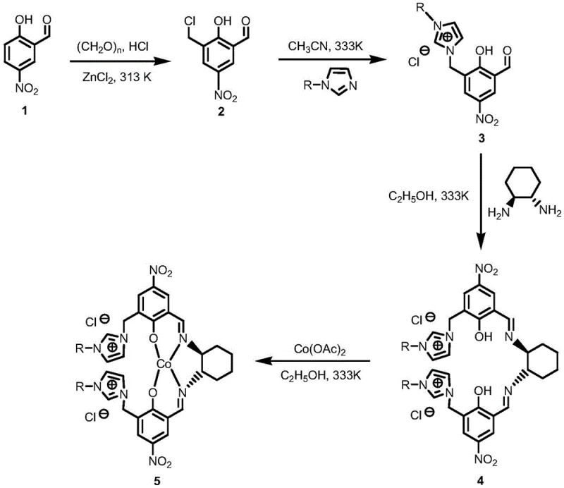 Synthetic route for the preparation of the ionized cobalt complex catalyst from 5-nitrosalicylaldehyde