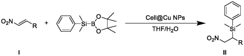 General reaction scheme for beta-silylation of nitro alkenes using Cell@Cu NPs