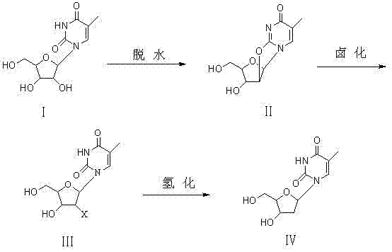 Reaction scheme showing the conversion of 5-methyluridine to beta-thymidine via dehydration, halogenation, and hydrogenation steps