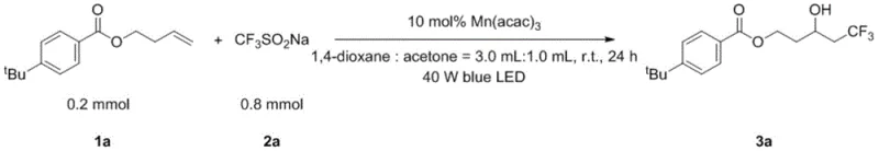 Reaction scheme showing visible light catalyzed synthesis of beta-trifluoromethyl alcohol using Mn(acac)3 catalyst
