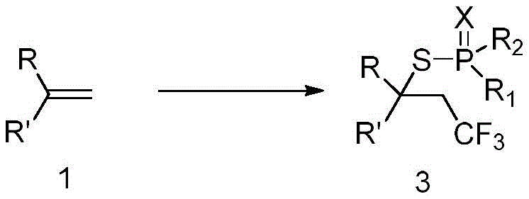General reaction scheme for the synthesis of beta-trifluoromethyl thiophosphate compounds from olefins