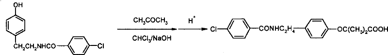 Reaction scheme showing the conversion of N-p-hydroxyphenethyl-4-chlorobenzamide to bezafibrate using chloroform, acetone, and NaOH under phase transfer catalysis