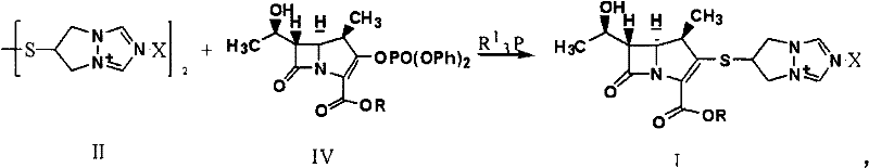 Novel synthesis route utilizing stable dimer Compound II reacting with carbapenem core IV mediated by phosphine to yield biapenem ester I