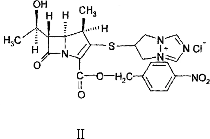 Chemical structure of Biapenem Condensation Compound (Formula II) showing the core carbapenem scaffold linked to the triazole moiety