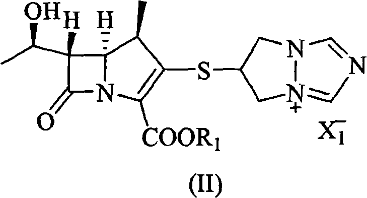 Chemical structure of Formula II showing the biapenem precursor with a hydrogenatable carboxy protective group R1