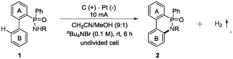 Electrochemical reaction scheme showing conversion of phosphoramide 1 to cyclic product 2 using constant current in undivided cell
