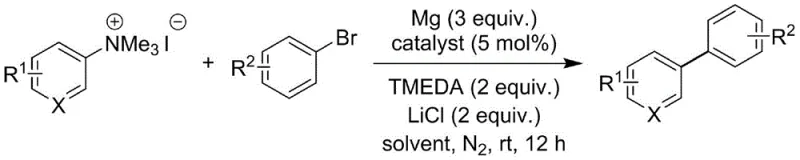 Reaction scheme showing the coupling of aryl quaternary ammonium salt and aryl bromide to form biaryl compound