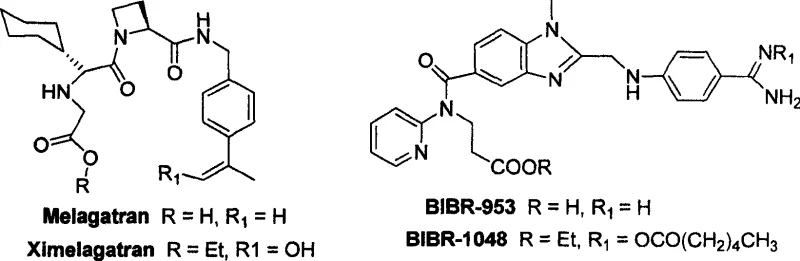 Chemical structures comparing Melagatran and BIBR-953 antithrombin inhibitors