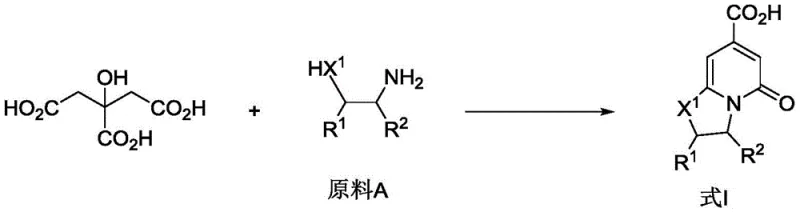 General synthesis route showing citric acid reacting with amines to form bicyclic pyridone derivatives