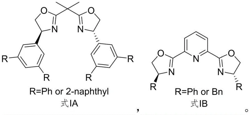 Chemical structures of specific bidentate oxazoline chiral ligands I-1 and I-2 showing phenyl and naphthyl substitutions