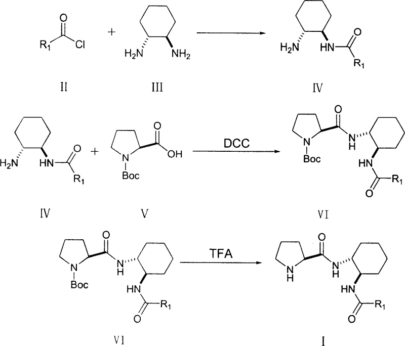 Synthesis route of bifunctional L-proline derivatives showing amide formation and coupling steps
