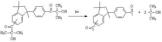 Photolysis mechanism showing Norrish Type I cleavage of the photoinitiator