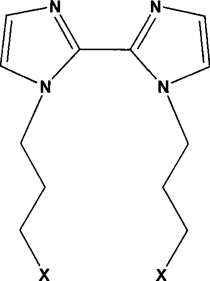 General molecular structure of biimidazole organic phosphine compounds showing variable X groups including phosphine, phosphine oxide, and phosphine sulfide