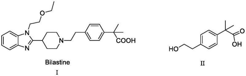 Chemical structures of Bilastine (I) and its key intermediate (II) showing the quaternary carbon center