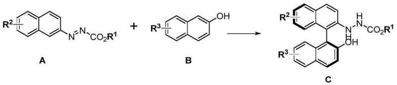 General reaction scheme showing the cross-coupling of azo-naphthalene derivative A and 2-naphthol B to form binaphtholamine C using chiral phosphate catalyst