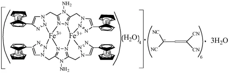 Specific molecular structure of the Iron(III) based binuclear ferrocene triazole complex with tetracyanoacrylate anions