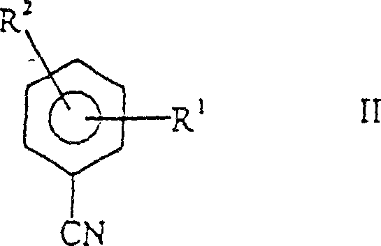 Substituted aromatic nitrile structure showing variable R groups for diverse amide production
