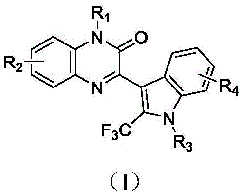 General structural formula (I) of 3-(2-(trifluoromethyl)-indol-3-yl)quinoxalin-2-one derivatives
