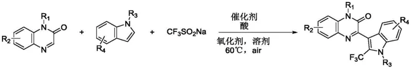 Reaction scheme showing the three-component coupling of quinoxalinone, indole, and sodium trifluoromethanesulfinate
