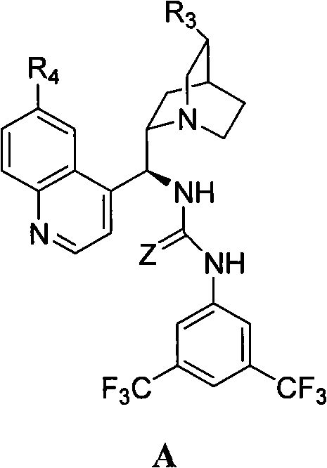 General structural formula of the 9-epiquinine urea/thiourea catalyst (Formula A) highlighting the chiral quinuclidine core and the hydrogen-bonding Z group.