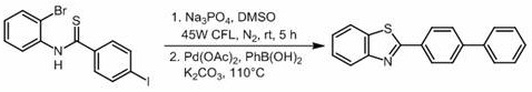 Schematic representation of the one-pot synthesis route from N-(2-bromophenyl) thioamide to biphenyl benzothiazole