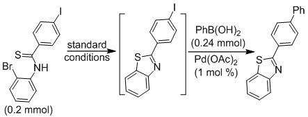 Detailed reaction scheme showing the two-step one-pot sequence involving light irradiation followed by palladium catalysis
