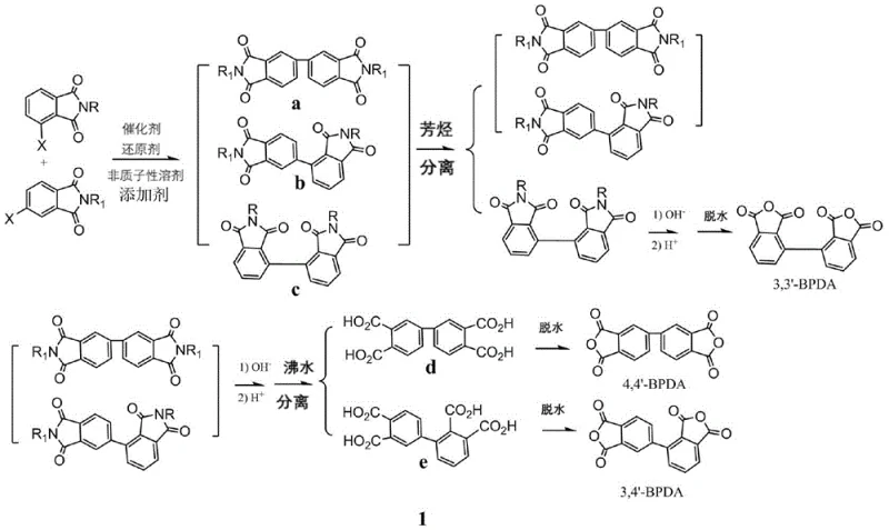 Reaction scheme showing ultrasonic-assisted coupling of phthalimides to form separable bis-imine intermediates and subsequent conversion to BPDA isomers