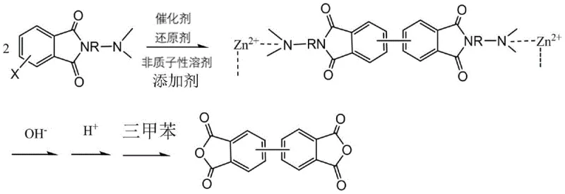 Overall reaction scheme showing coupling of aminohalogenated phthalimide to biphenyl dianhydride