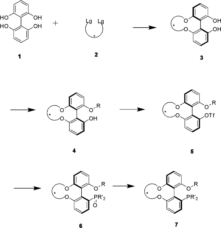 Synthetic route for Formula I compounds showing ring-closing and phosphination steps