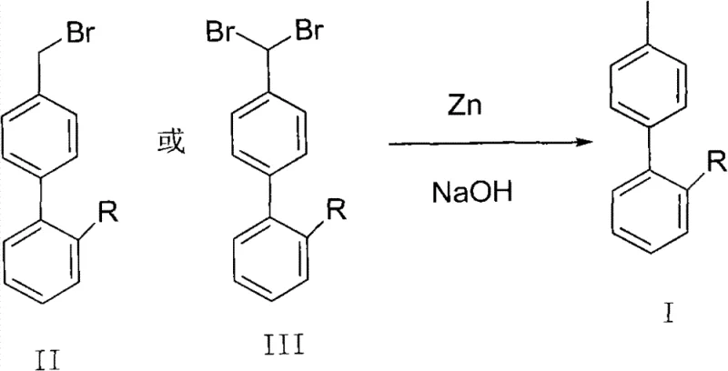 General reaction scheme showing conversion of bromomethyl and dibromo biphenyls to methyl biphenyls using Zn and NaOH